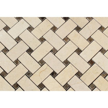 Crema Marfil Polished Marble Basketweave Mosaic Tile w/ Emp. Dark Dots.