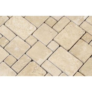 Durango Tumbled Travertine Mini Versailles Pattern Mosaic Tile.