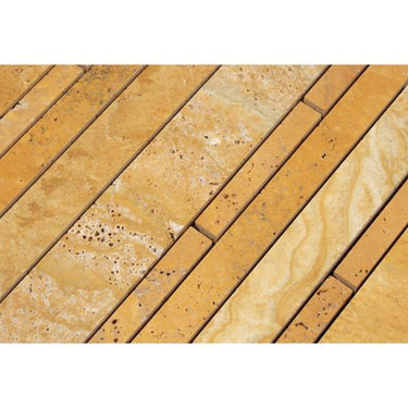 Gold Honed Travertine Random Strip Mosaic Tile.