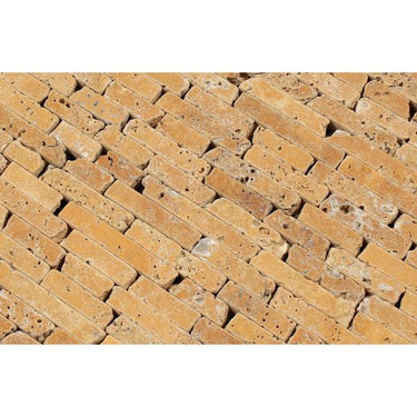 Gold Tumbled Travertine Random Strip Mosaic Tile.