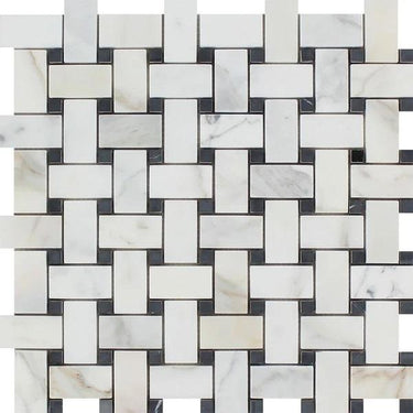 Calacatta Gold Honed Marble Basketweave Mosaic Tile w/ Black Dots.