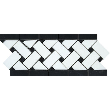 4 3/4 x 12 Honed Thassos White Marble Basketweave Border w/ Black Dots.