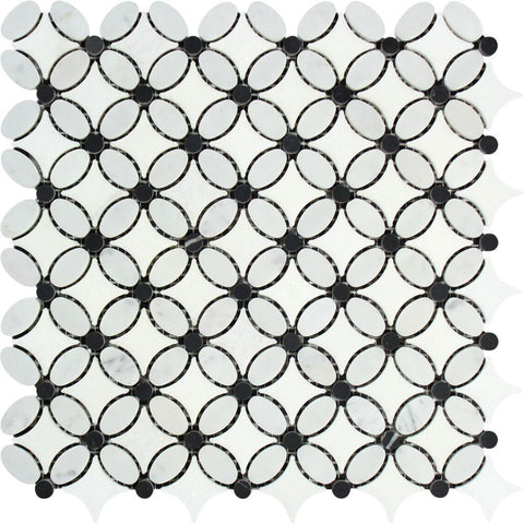 Bianco Carrara Honed Marble Florida Flower Mosaic Tile (Thassos + Carrara (Oval) + Black (Dots)).