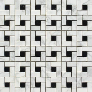 Bianco Carrara Honed Marble Mini Pinwheel Mosaic Tile (w/ Black Dots).