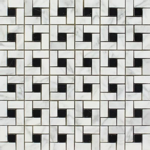 Bianco Carrara Honed Marble Mini Pinwheel Mosaic Tile (w/ Black Dots).