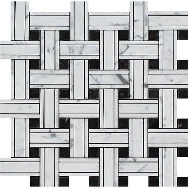 Bianco Carrara Honed Marble Tripleweave Mosaic Tile (w/ Black).
