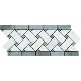 4 3/4 x 12 Honed Thassos White Marble Basketweave Border w/ Blue-Gray Dots.
