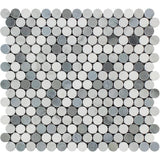Thassos White Honed Marble Penny Round Mosaic Tile (Carrara + Thassos + Blue-Gray).