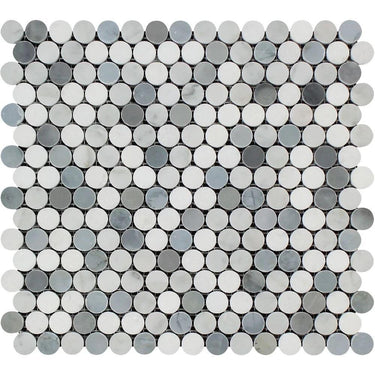 Thassos White Honed Marble Penny Round Mosaic Tile (Carrara + Thassos + Blue-Gray).