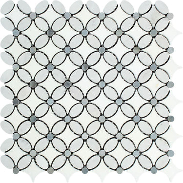 Thassos White Honed Marble Florida Flower Mosaic Tile (Carrara + Thassos (Oval) + Blue-Gray (Dots)).