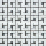 Thassos White Honed Marble Mini Pinwheel Mosaic Tile w/ Blue-Gray Dots.