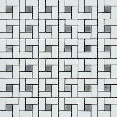 Thassos White Honed Marble Mini Pinwheel Mosaic Tile w/ Blue-Gray Dots.