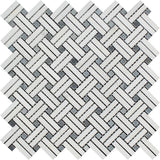 Thassos White Honed Marble Stanza Mosaic Tile w/ Blue-Gray Dots.