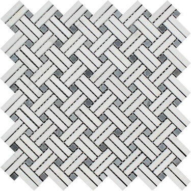 Thassos White Honed Marble Stanza Mosaic Tile w/ Blue-Gray Dots.