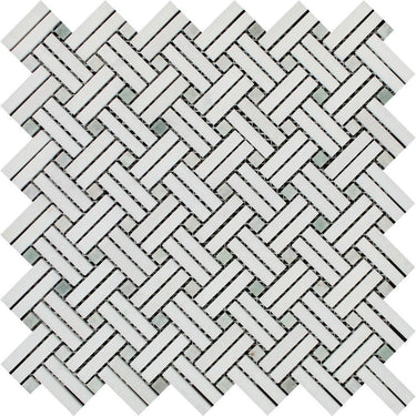 Thassos White Honed Marble Stanza Mosaic Tile w/ Ming Green Dots.