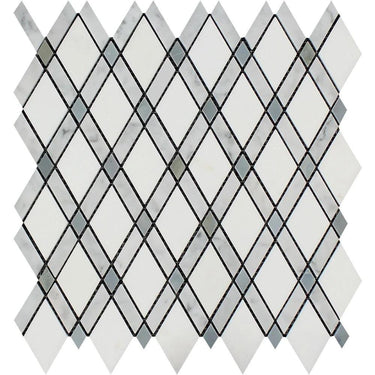 Thassos White Honed Marble Lattice Mosaic Tile (Thassos + Carrara + Blue-Gray).