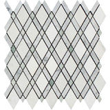 Thassos White Honed Marble Lattice Mosaic Tile (Thassos + Carrara + Ming Green).