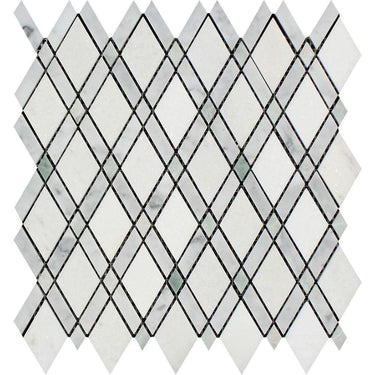 Thassos White Honed Marble Lattice Mosaic Tile (Thassos + Carrara + Ming Green).