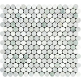Thassos White Honed Marble Penny Round Mosaic Tile (Carrara + Thassos + Ming Green).