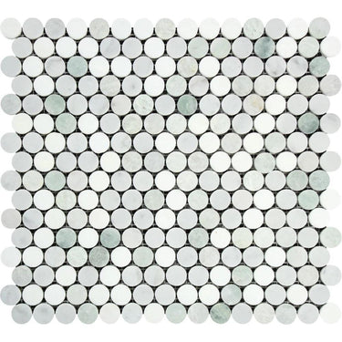 Thassos White Honed Marble Penny Round Mosaic Tile (Carrara + Thassos + Ming Green).