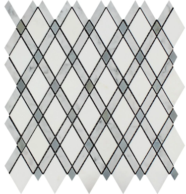 Bianco Carrara Honed Marble Lattice Mosaic Tile (Thassos + Carrara + Blue-Gray).
