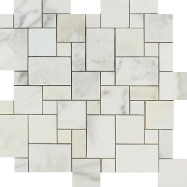 Calacatta Gold Honed Marble Mini Versailles Pattern Mosaic Tile.
