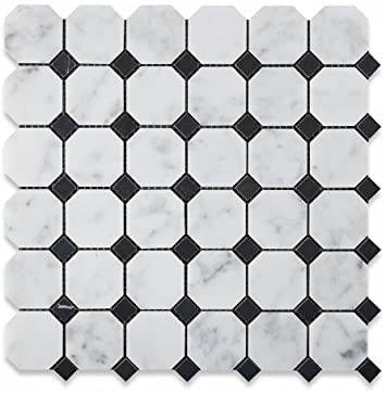 Bianco Carrara Honed Marble Octagon Mosaic Tile (w/ Black Dots).