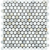Calacatta Gold Honed Marble Penny Round Mosaic Tile.