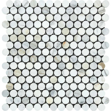 Calacatta Gold Honed Marble Penny Round Mosaic Tile.