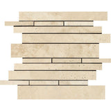 Ivory Honed Travertine Random Strip Mosaic Tile.