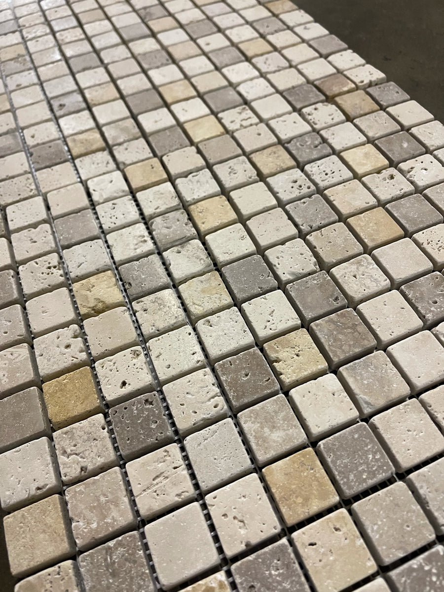 1x1 Tumbled Scabos Travertine Mix Mosaic Tile