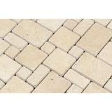 Ivory Tumbled Travertine Mini Versailles Pattern Mosaic Tile.