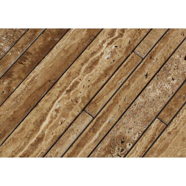 Noce Exotic (Vein-Cut) Unfilled Brushed Travertine Random Strip Mosaic Tile.