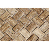 Noce Exotic (Vein-Cut) Unfilled Polished Travertine Basketweave Mosaic Tile.