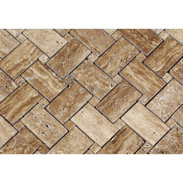 Noce Exotic (Vein-Cut) Unfilled Polished Travertine Basketweave Mosaic Tile.