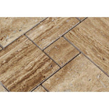 Noce Exotic (Vein-Cut) Unfilled Polished Travertine OPUS Mini Pattern Mosaic Tile (Interlocking).