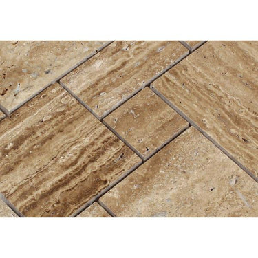 Noce Exotic (Vein-Cut) Unfilled Polished Travertine OPUS Mini Pattern Mosaic Tile (Interlocking).