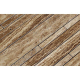 Noce Exotic (Vein-Cut) Unfilled Polished Travertine Random Strip Mosaic Tile.