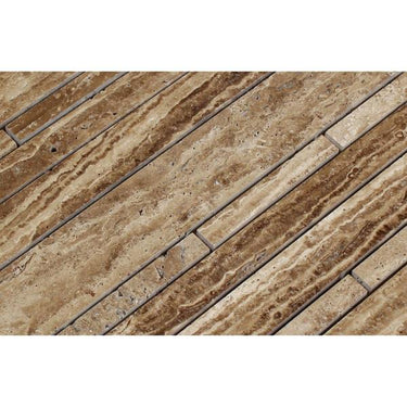 Noce Exotic (Vein-Cut) Unfilled Polished Travertine Random Strip Mosaic Tile.