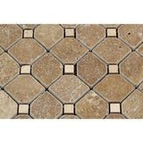 Noce Tumbled Travertine Octagon Mosaic Tile w/ Ivory Dots.
