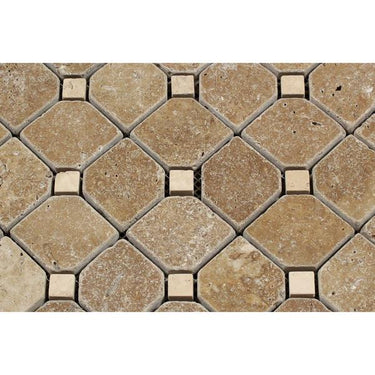 Noce Tumbled Travertine Octagon Mosaic Tile w/ Ivory Dots.