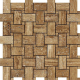 Noce Exotic (Vein-Cut) Unfilled Brushed Travertine Basketweave Mosaic Tile.