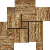 Noce Exotic (Vein-Cut) Unfilled Brushed Travertine OPUS Mini Pattern Mosaic Tile (Interlocking).