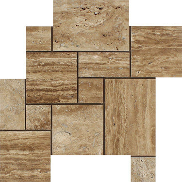 Noce Exotic (Vein-Cut) Unfilled Polished Travertine OPUS Mini Pattern Mosaic Tile (Interlocking).