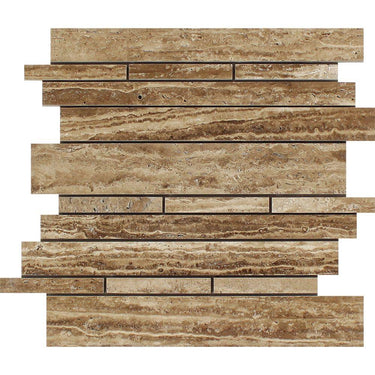 Noce Exotic (Vein-Cut) Unfilled Polished Travertine Random Strip Mosaic Tile.