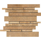 Noce Honed Travertine Random Strip Mosaic Tile.