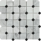 Bianco Mare Polished Marble Octagon Mosaic Tile w/ Black Dots.