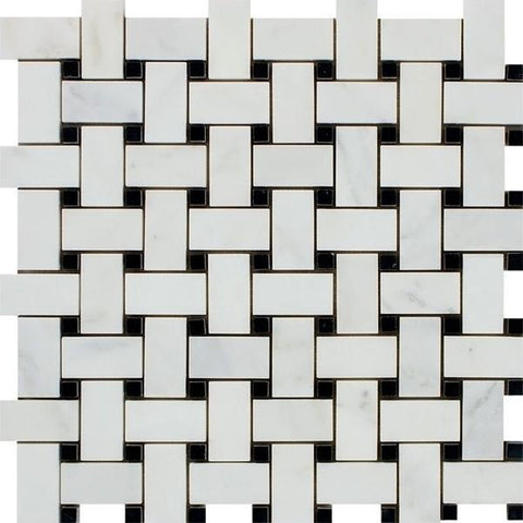 Oriental White Honed Marble Basketweave Mosaic Tile w/ Black Dots.