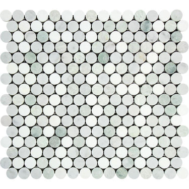 Thassos White Polished Marble Penny Round Mosaic Tile (Carrara + Thassos + Ming Green).