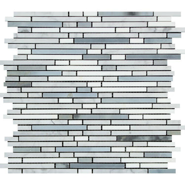 Thassos White Polished Marble Bamboo Sticks Mosaic Tile (Thassos + Carrara + Blue-Gray).